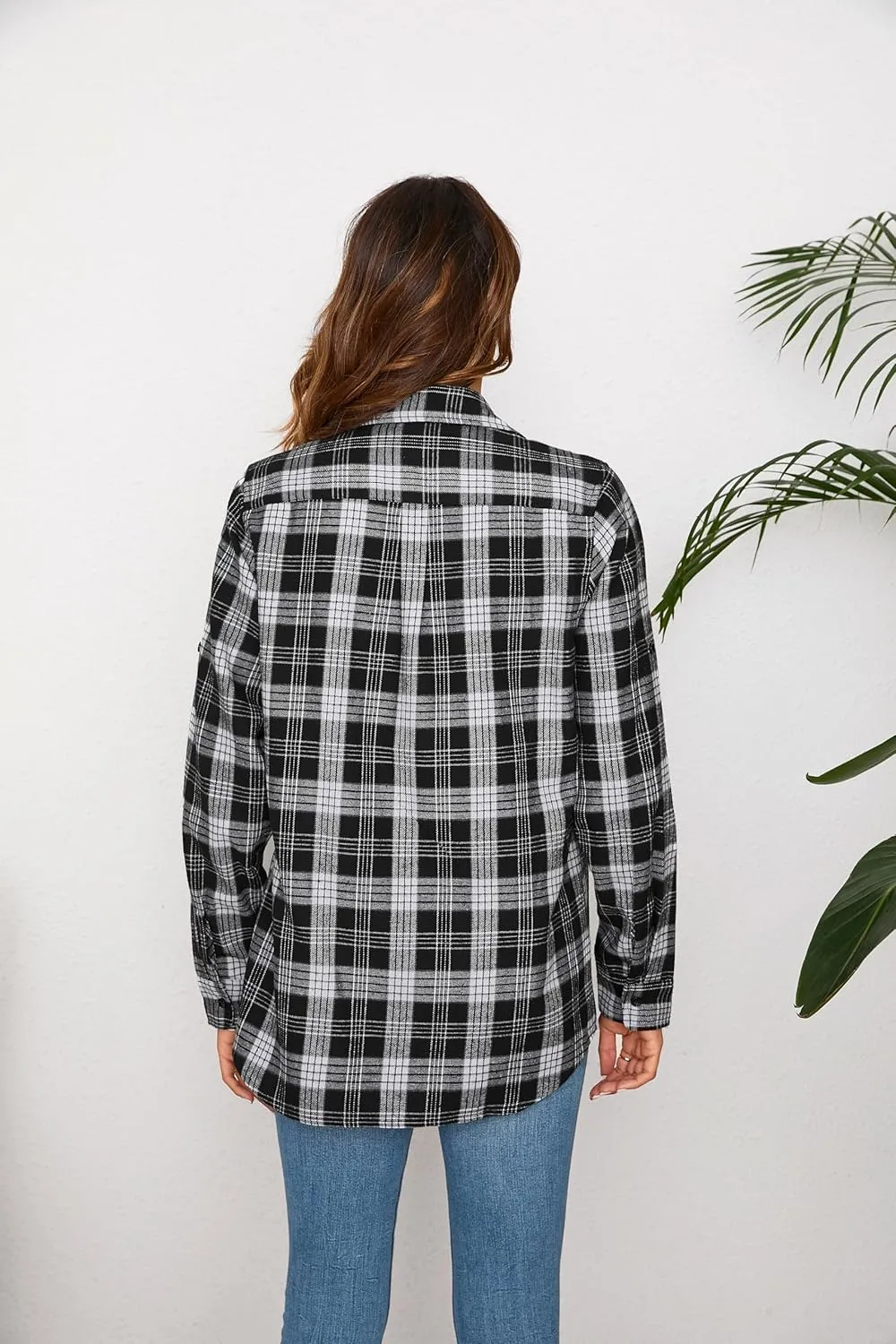 Plaid Shirts for Women Casual Button Down Flannel Shirt Plus Size Roll Up Long Sleeve Checkered Blouse Tops