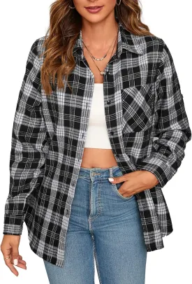 Plaid Shirts for Women Casual Button Down Flannel Shirt Plus Size Roll Up Long Sleeve Checkered Blouse Tops