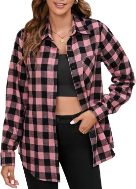 Plaid Shirts for Women Casual Button Down Flannel Shirt Plus Size Roll Up Long Sleeve Checkered Blouse Tops