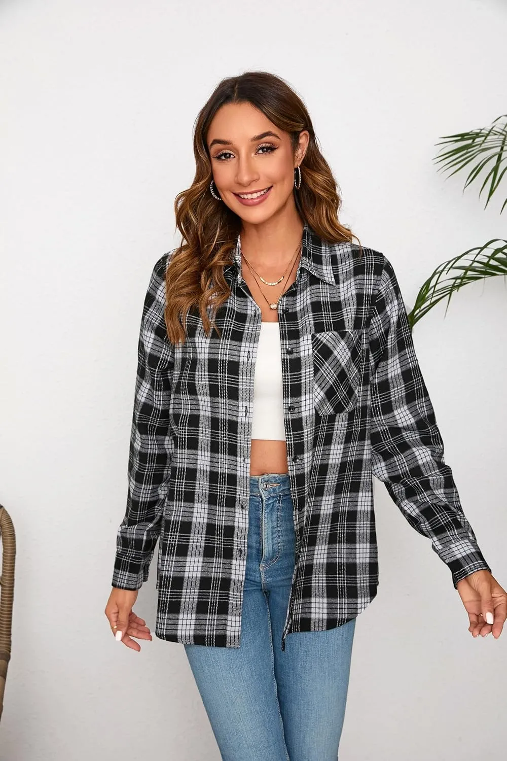 Plaid Shirts for Women Casual Button Down Flannel Shirt Plus Size Roll Up Long Sleeve Checkered Blouse Tops