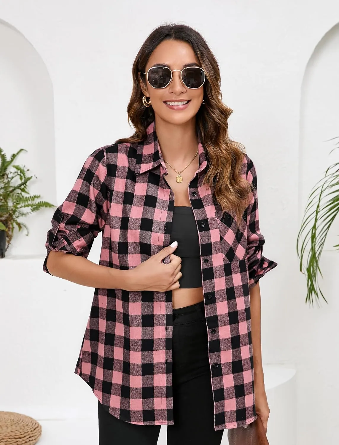 Plaid Shirts for Women Casual Button Down Flannel Shirt Plus Size Roll Up Long Sleeve Checkered Blouse Tops