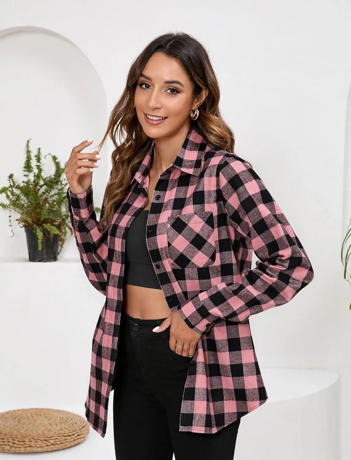 Plaid Shirts for Women Casual Button Down Flannel Shirt Plus Size Roll Up Long Sleeve Checkered Blouse Tops