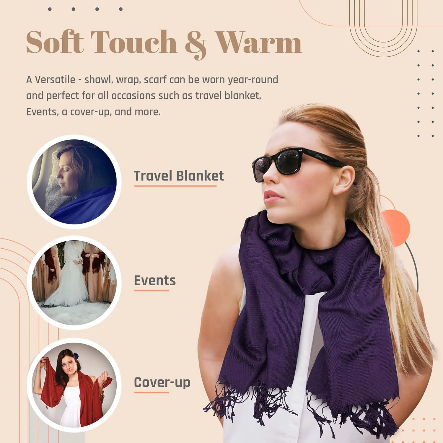 Plum Feathers Premium Solid Color and Metallic Fashion Scarf, Womens Pashmina Shawl Wrap with Fringes