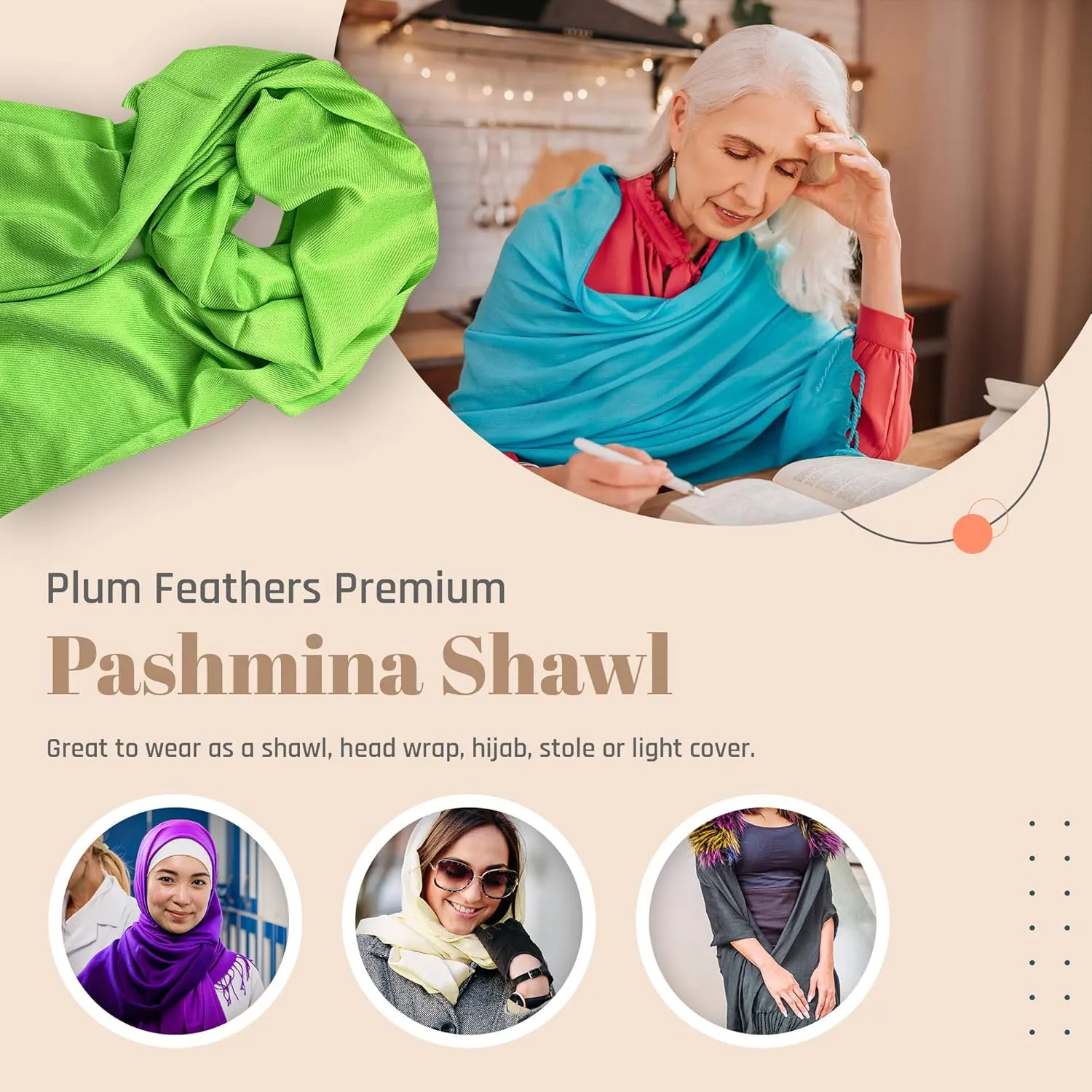 Plum Feathers Premium Solid Color and Metallic Fashion Scarf, Womens Pashmina Shawl Wrap with Fringes