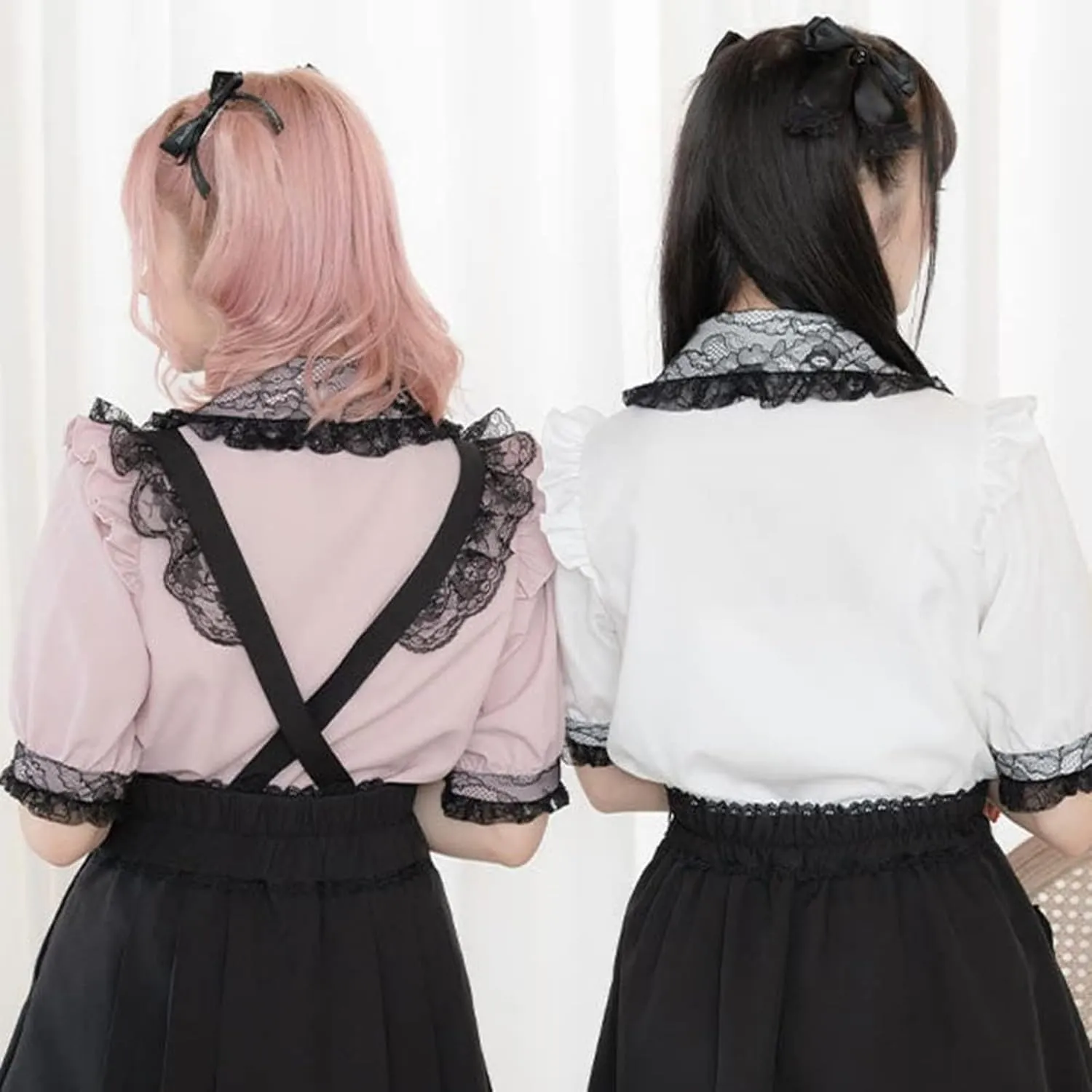Pokn Lolita Fashion Jirai Kei Fashion Women Lolita Blouse Lace Short Puff Sleeve Shirt Gothic Kawaii Ruffle Top with Bow