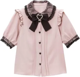 Pokn Lolita Fashion Jirai Kei Fashion Women Lolita Blouse Lace Short Puff Sleeve Shirt Gothic Kawaii Ruffle Top with Bow