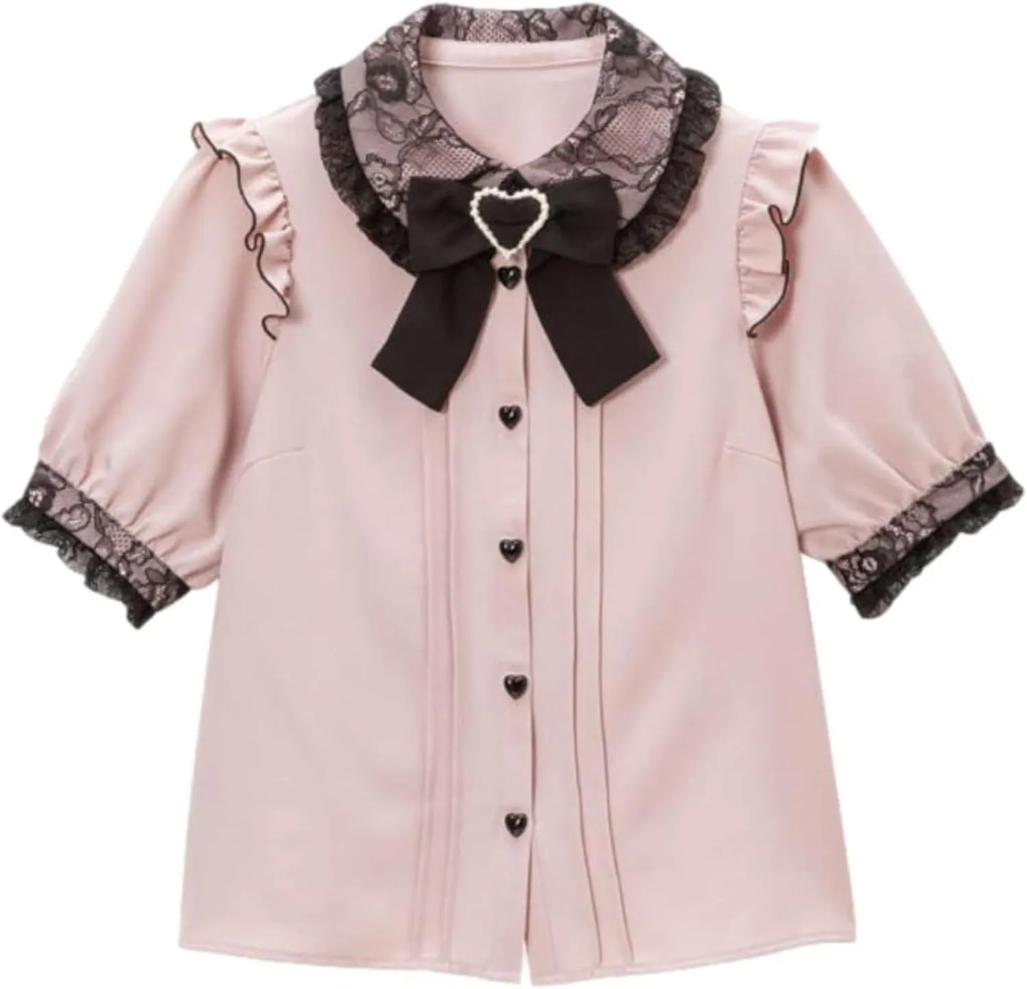 Pokn Lolita Fashion Jirai Kei Fashion Women Lolita Blouse Lace Short Puff Sleeve Shirt Gothic Kawaii Ruffle Top with Bow