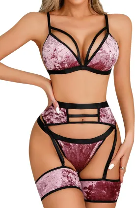popiv Women's Sexy Lingerie Set with Garter Belt Matching Bra and Panty Lingeries Sets 4 Piece