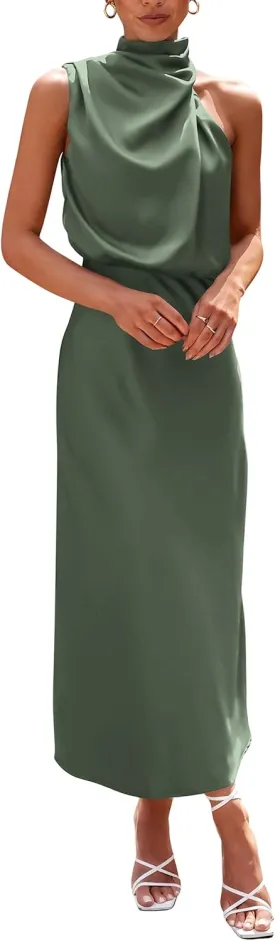 PRETTYGARDEN Women's 2025 Summer Satin Dress Elegant Sleeveless Mock Neck Cocktail Party Maxi Dresses