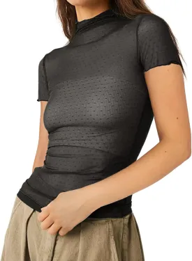 Sheer Mesh Short Sleeve Layering Top for Women Mock Neck Floral Lace Tshirt See Through Tee Shirt Blouse