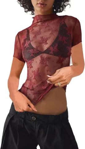 Sheer Mesh Short Sleeve Layering Top for Women Mock Neck Floral Lace Tshirt See Through Tee Shirt Blouse