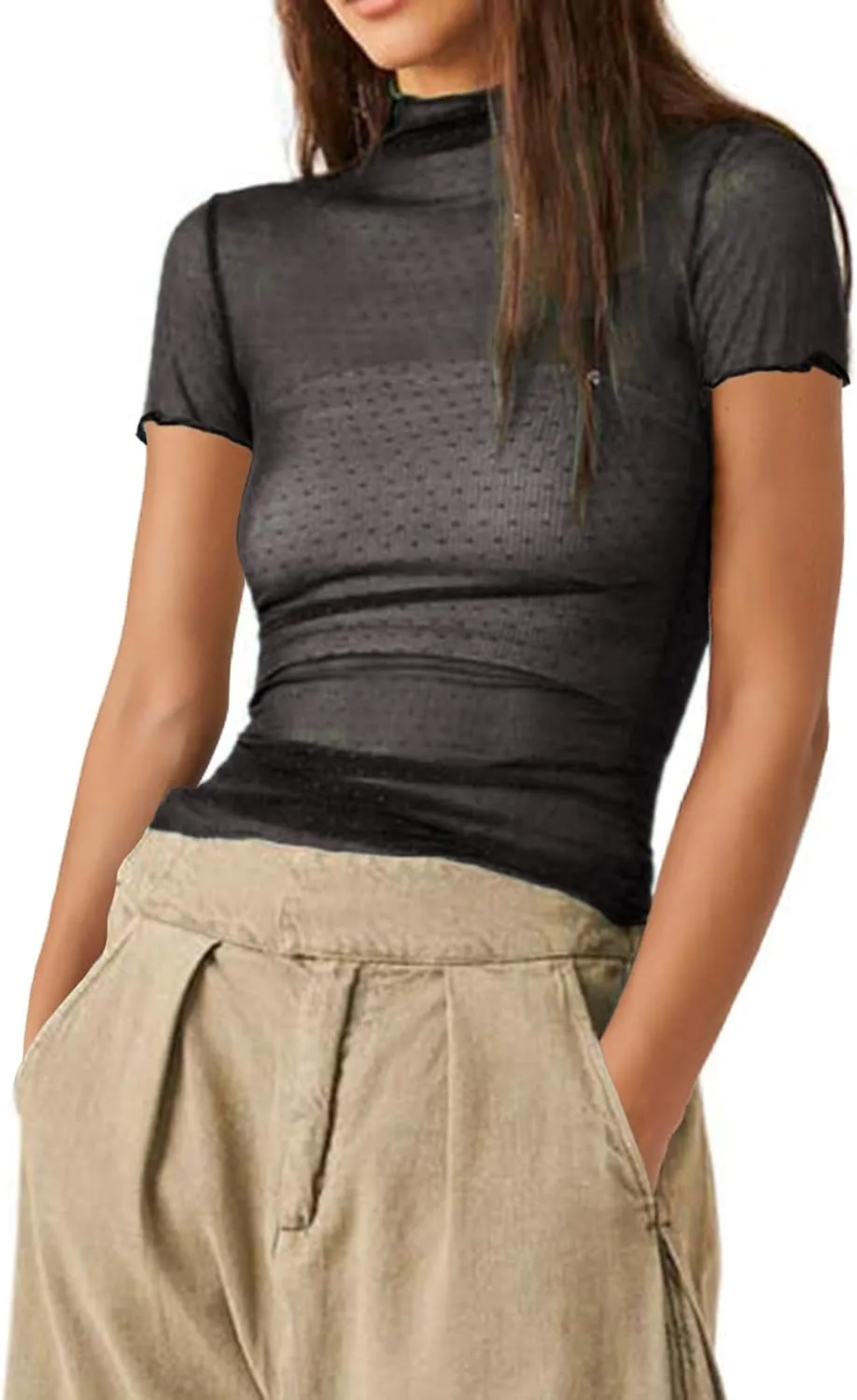 Sheer Mesh Short Sleeve Layering Top for Women Mock Neck Floral Lace Tshirt See Through Tee Shirt Blouse