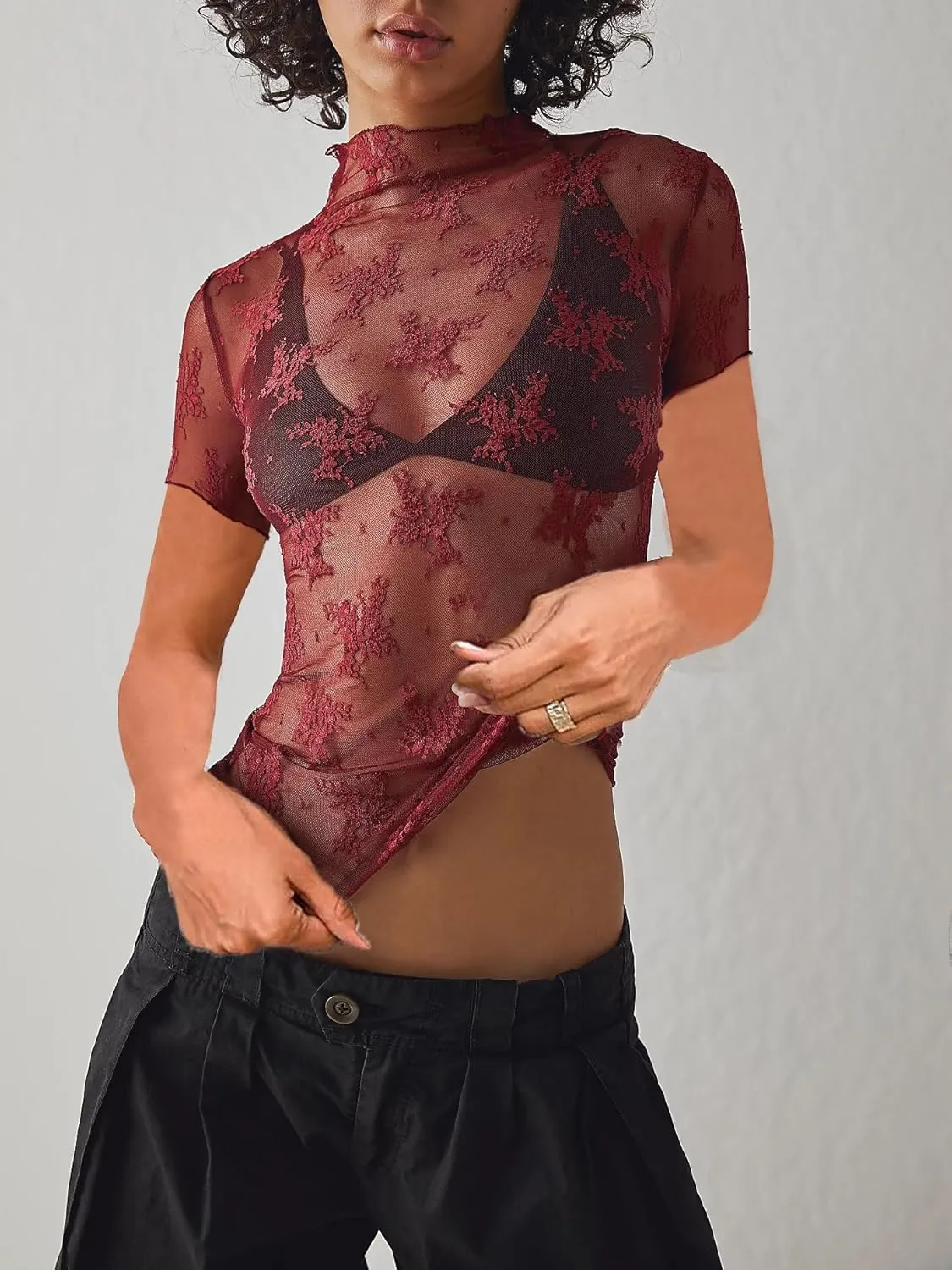 Sheer Mesh Short Sleeve Layering Top for Women Mock Neck Floral Lace Tshirt See Through Tee Shirt Blouse