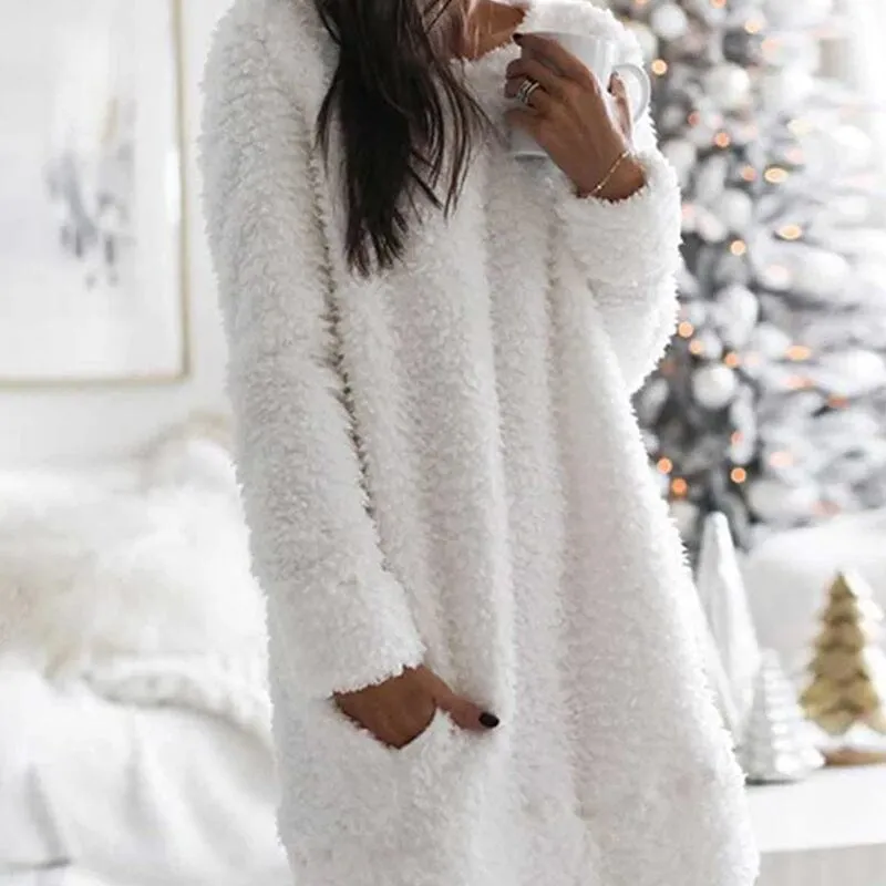 Solid Color Round Neck Warm Dress
