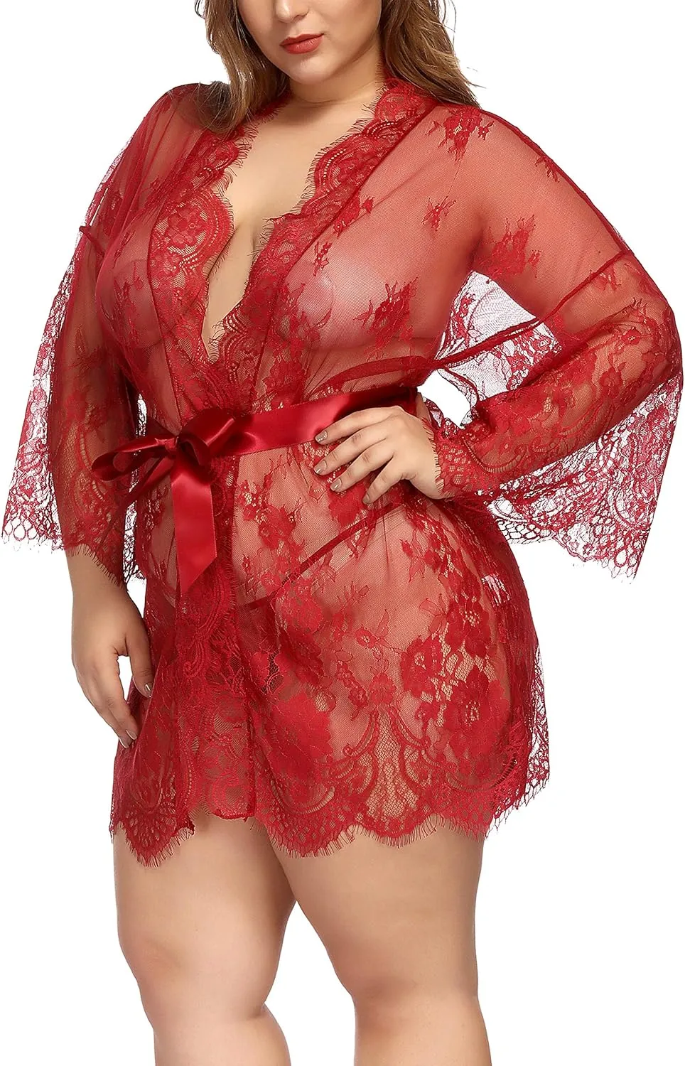 TGD Womens Lingerie Lace Plus Size Kimono Robe Mesh Nightgown Dress Sets