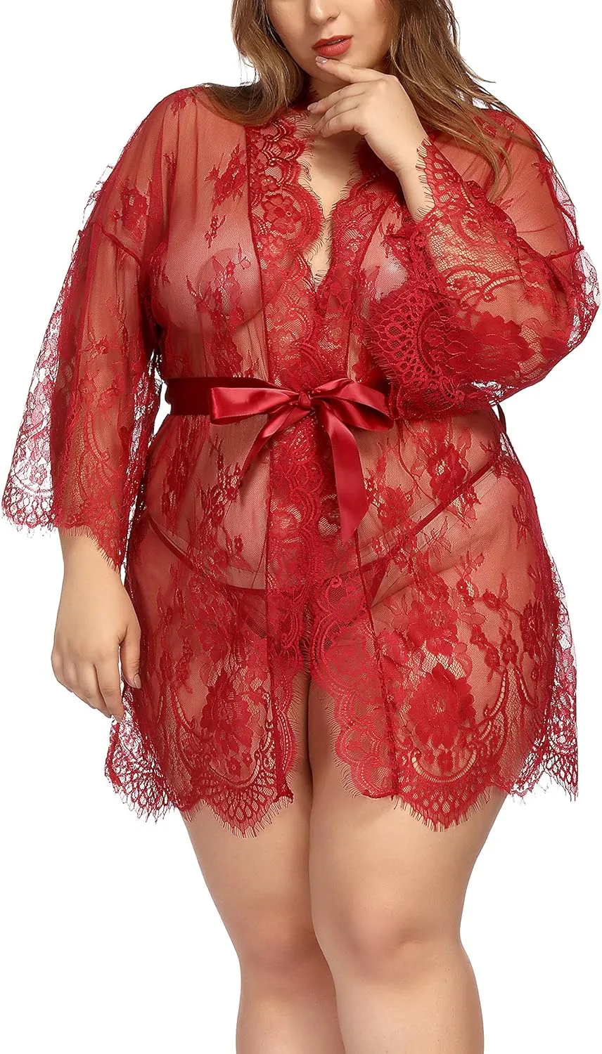TGD Womens Lingerie Lace Plus Size Kimono Robe Mesh Nightgown Dress Sets