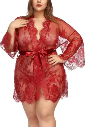 TGD Womens Lingerie Lace Plus Size Kimono Robe Mesh Nightgown Dress Sets