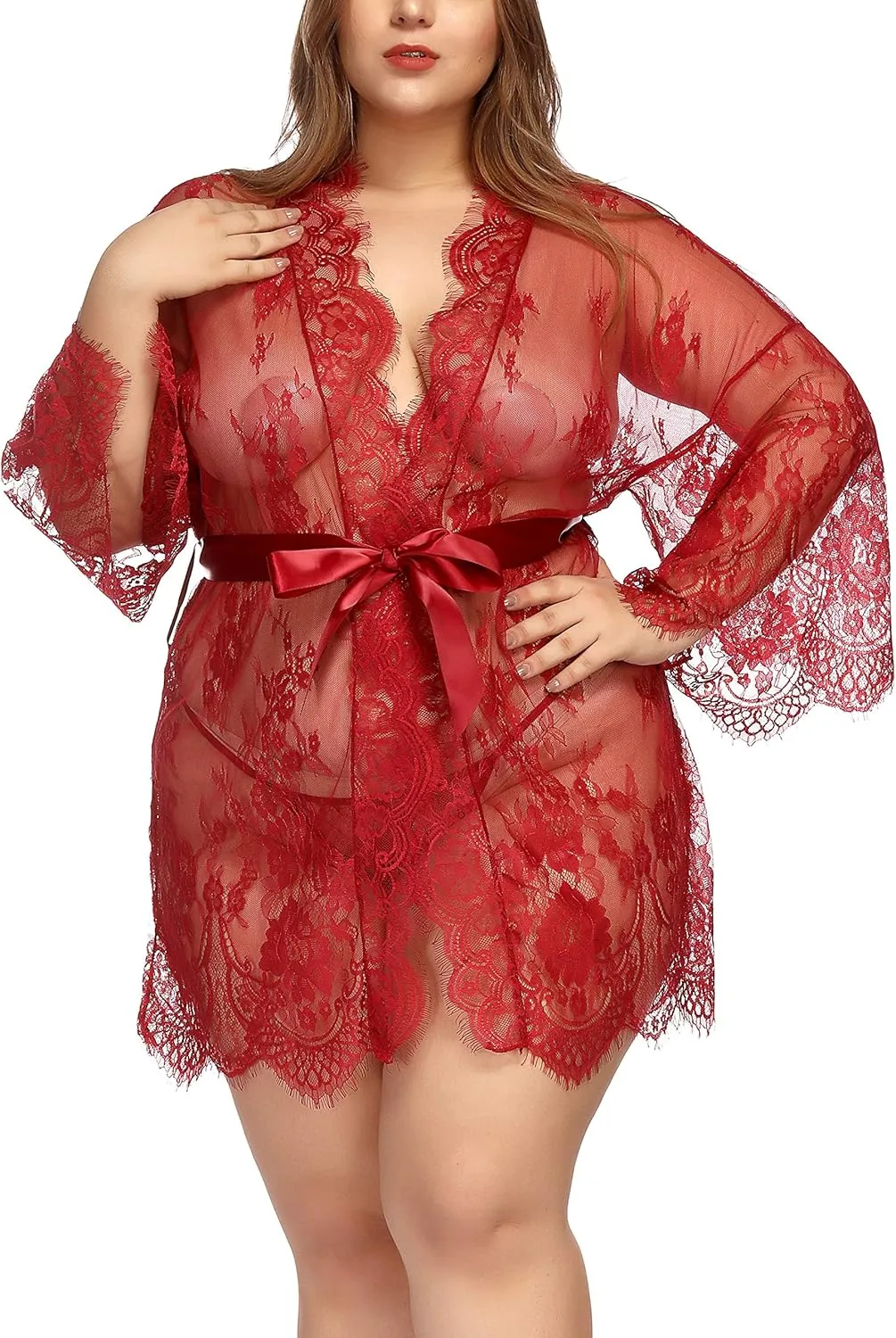 TGD Womens Lingerie Lace Plus Size Kimono Robe Mesh Nightgown Dress Sets