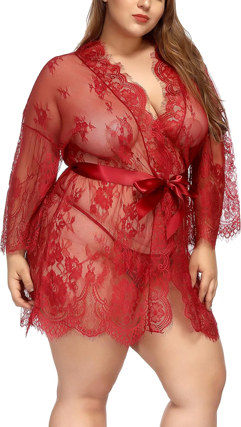 TGD Womens Lingerie Lace Plus Size Kimono Robe Mesh Nightgown Dress Sets
