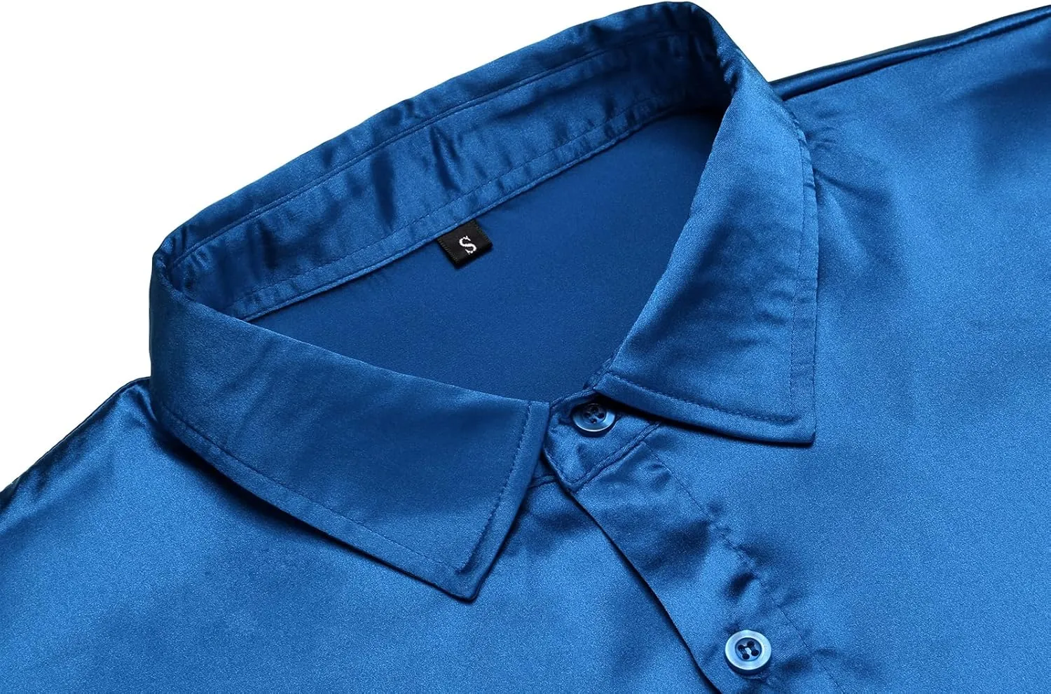 URRU Men's Luxury Shiny Silk Like Satin Dress Shirt Long Sleeve Casual Slim Fit Muscle Button Up Shirts