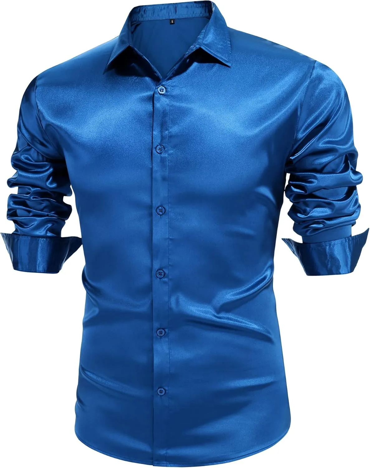 URRU Men's Luxury Shiny Silk Like Satin Dress Shirt Long Sleeve Casual Slim Fit Muscle Button Up Shirts