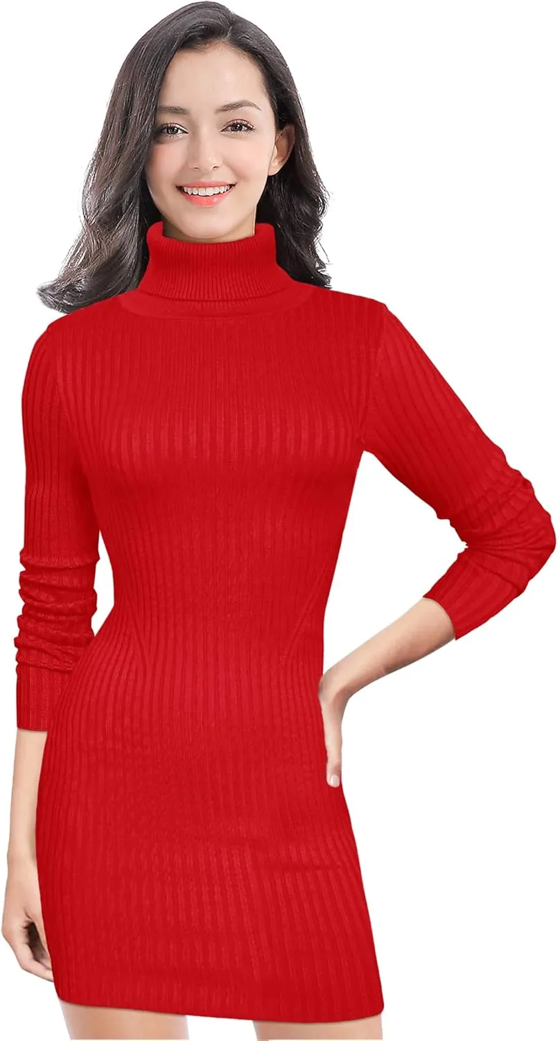 v28 Women Turtleneck Long Sleeve Bodycon Fall Winter Mini Slim Knit Sweater Dress
