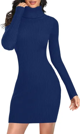 v28 Women Turtleneck Long Sleeve Bodycon Fall Winter Mini Slim Knit Sweater Dress