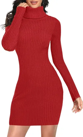 v28 Women Turtleneck Long Sleeve Bodycon Fall Winter Mini Slim Knit Sweater Dress