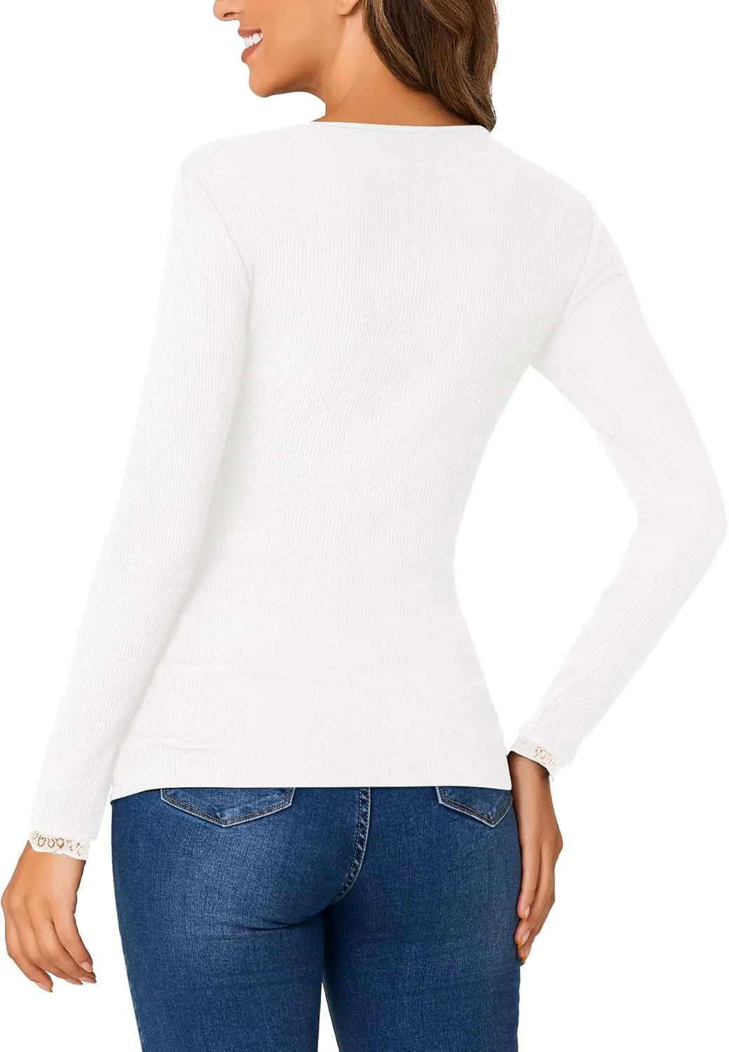 Vrtige Women's Casual Lace V Neck Long Sleeve Ribbed Fitted Blouse Shirt Top