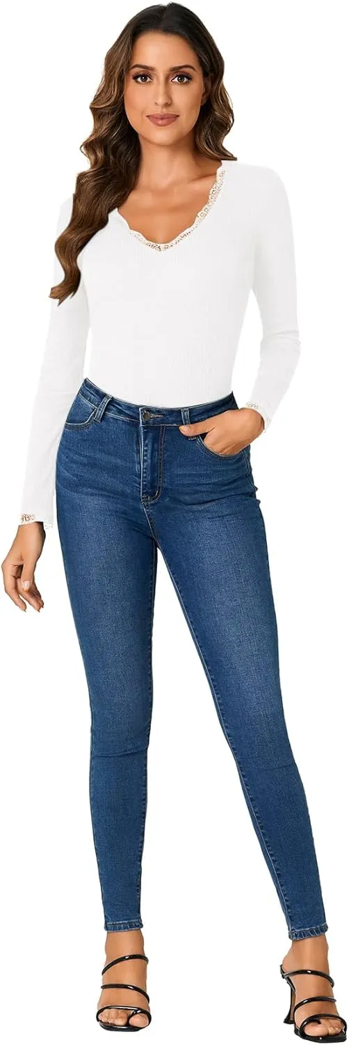 Vrtige Women's Casual Lace V Neck Long Sleeve Ribbed Fitted Blouse Shirt Top
