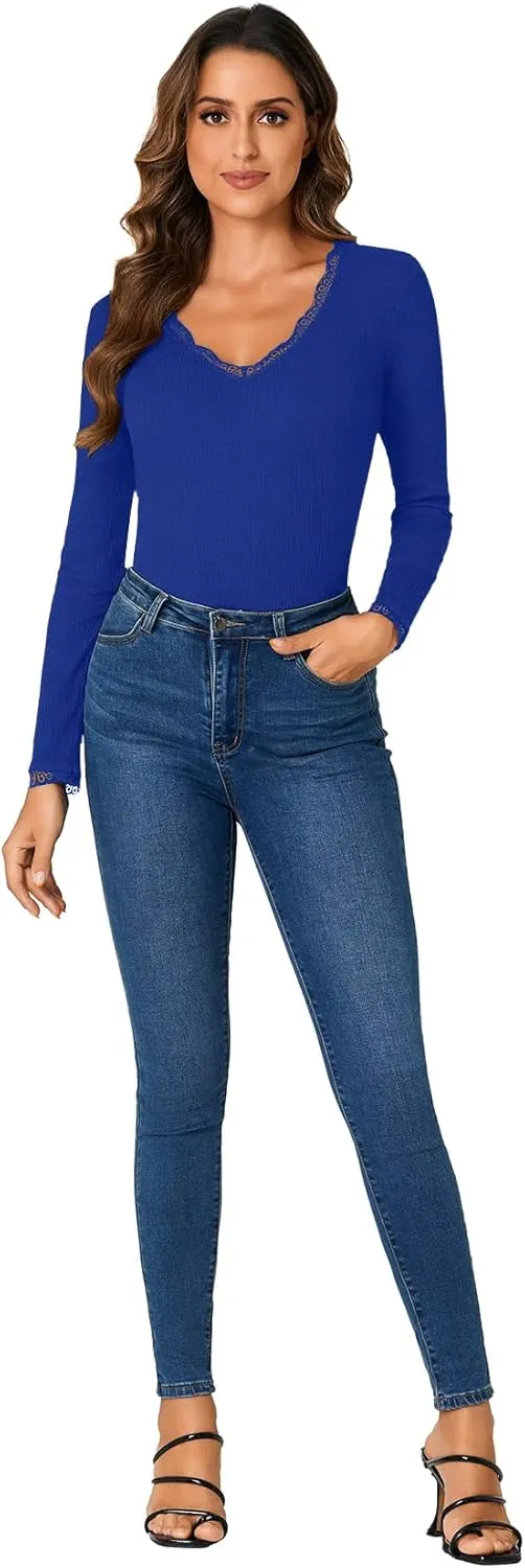 Vrtige Women's Casual Lace V Neck Long Sleeve Ribbed Fitted Blouse Shirt Top