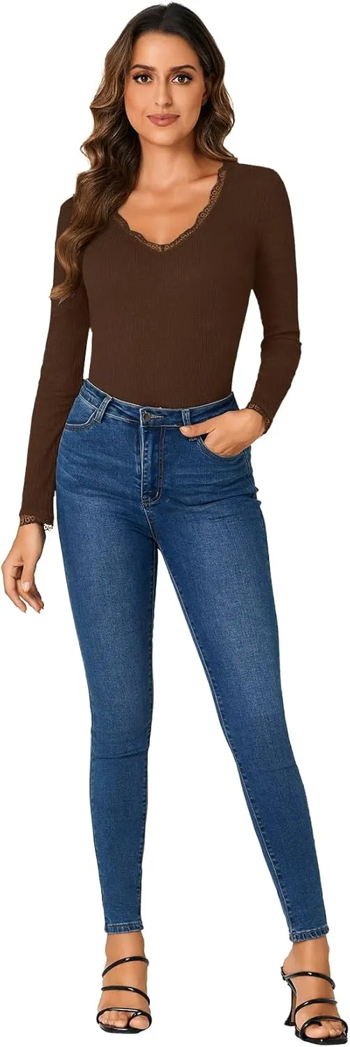 Vrtige Women's Casual Lace V Neck Long Sleeve Ribbed Fitted Blouse Shirt Top