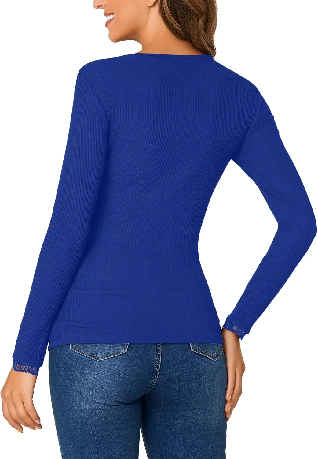 Vrtige Women's Casual Lace V Neck Long Sleeve Ribbed Fitted Blouse Shirt Top