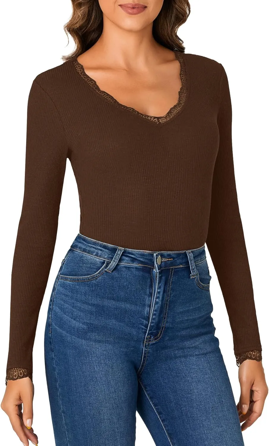 Vrtige Women's Casual Lace V Neck Long Sleeve Ribbed Fitted Blouse Shirt Top