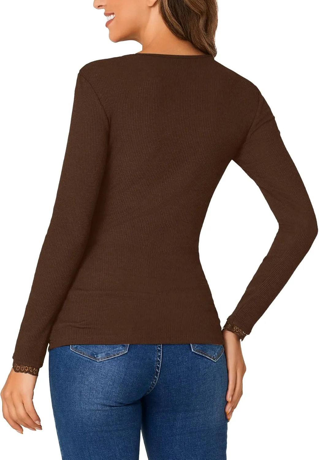 Vrtige Women's Casual Lace V Neck Long Sleeve Ribbed Fitted Blouse Shirt Top