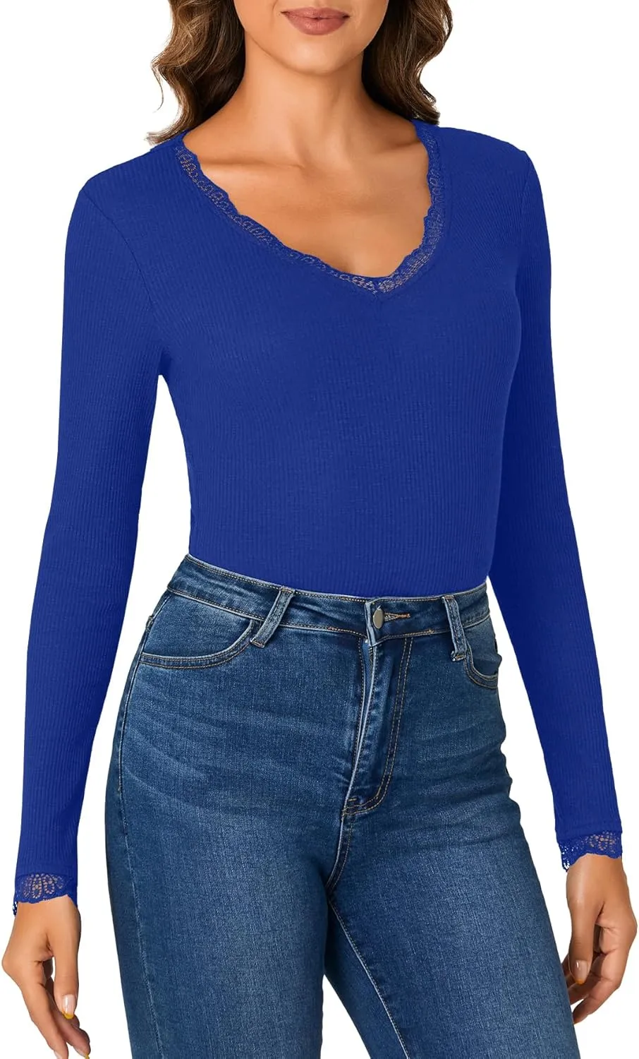 Vrtige Women's Casual Lace V Neck Long Sleeve Ribbed Fitted Blouse Shirt Top