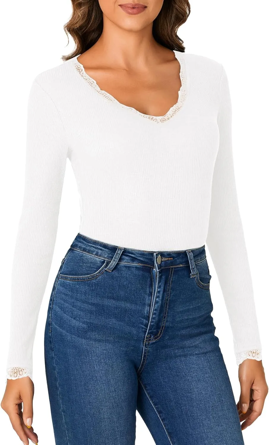 Vrtige Women's Casual Lace V Neck Long Sleeve Ribbed Fitted Blouse Shirt Top