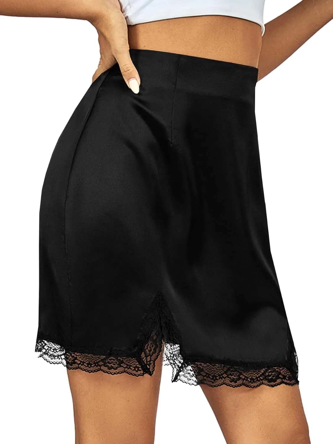 Vrtige Women's Satin Lace Trim High Waist Split Hem Bodycon Mini Short Skirt