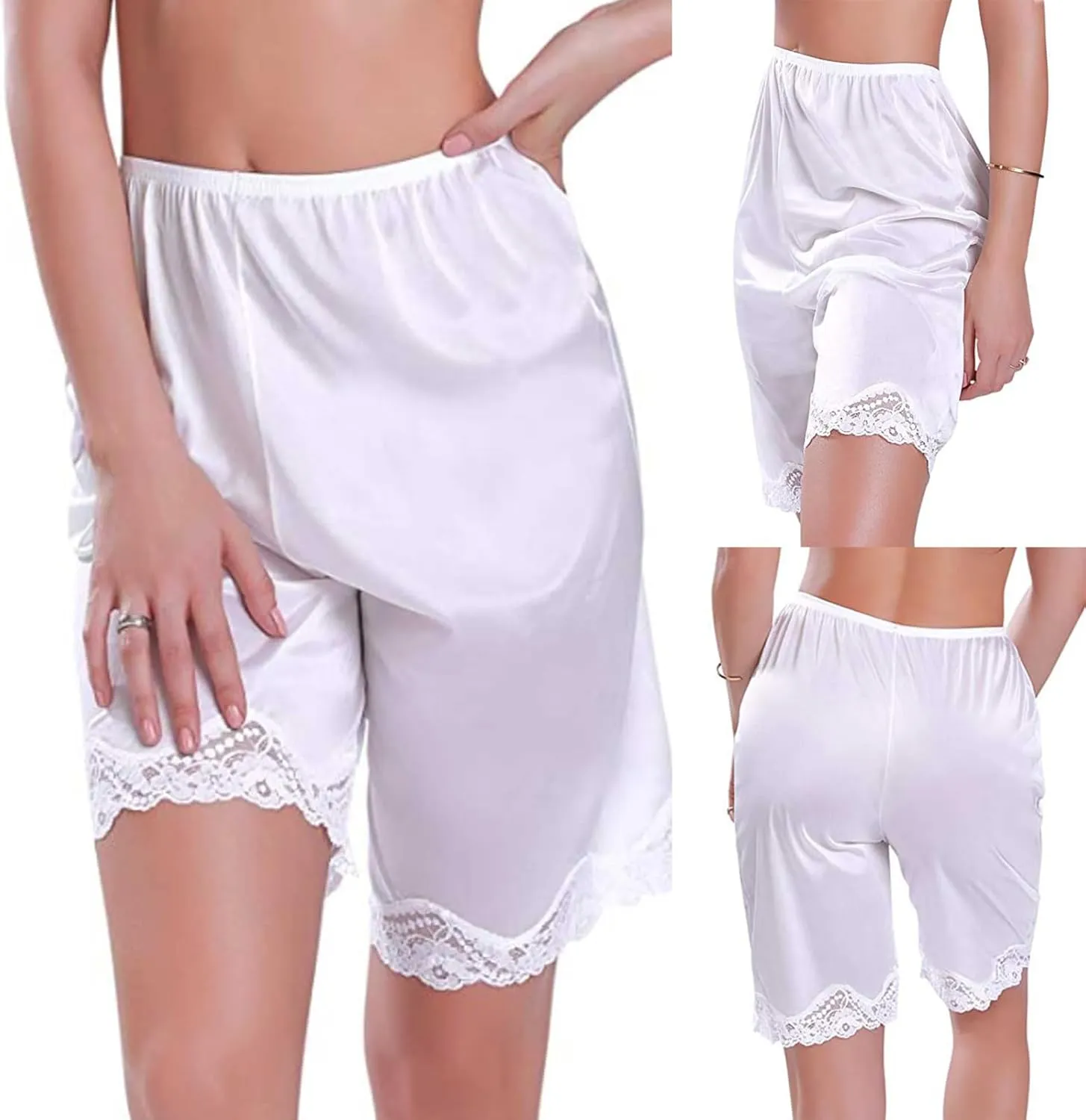 Women Culotte Half Slips Satin Bloomer Pettipants Under Dresses Lace Trim Pants Elastic Waist Liner Slip Shorts