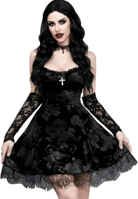 Women Gothic Sexy Mini Lace Patchwork Cross Velvet Slip Dress Without Choker