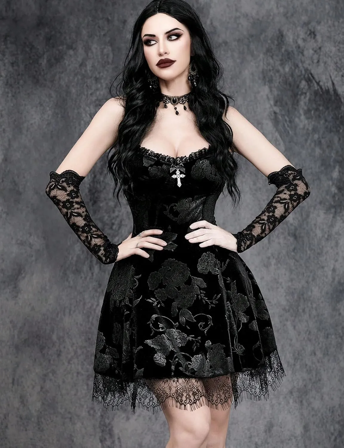 Women Gothic Sexy Mini Lace Patchwork Cross Velvet Slip Dress Without Choker