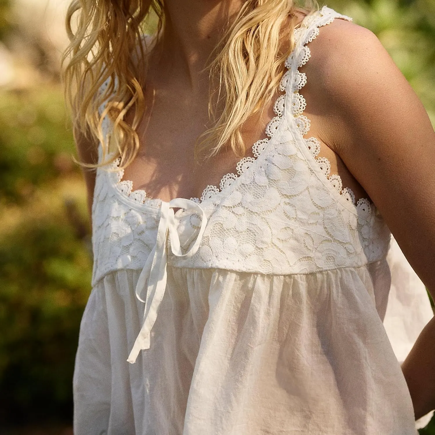 Women Lace Trim Babydoll Tank Top Tie Front Sexy Semi Sheer Y2k Summer Teen Girls Going Out Tops