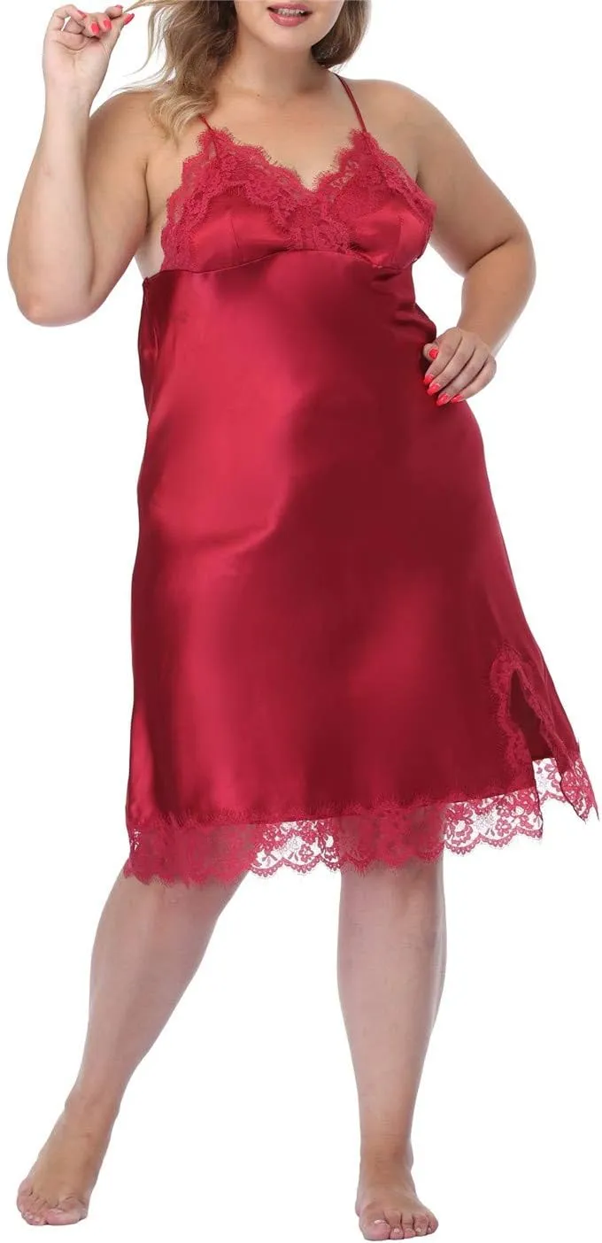 Women's Plus Size Full Slips Lace Chemise Lingeries Sexy Front Slit Negligees Silky Nightgown Sleepwear