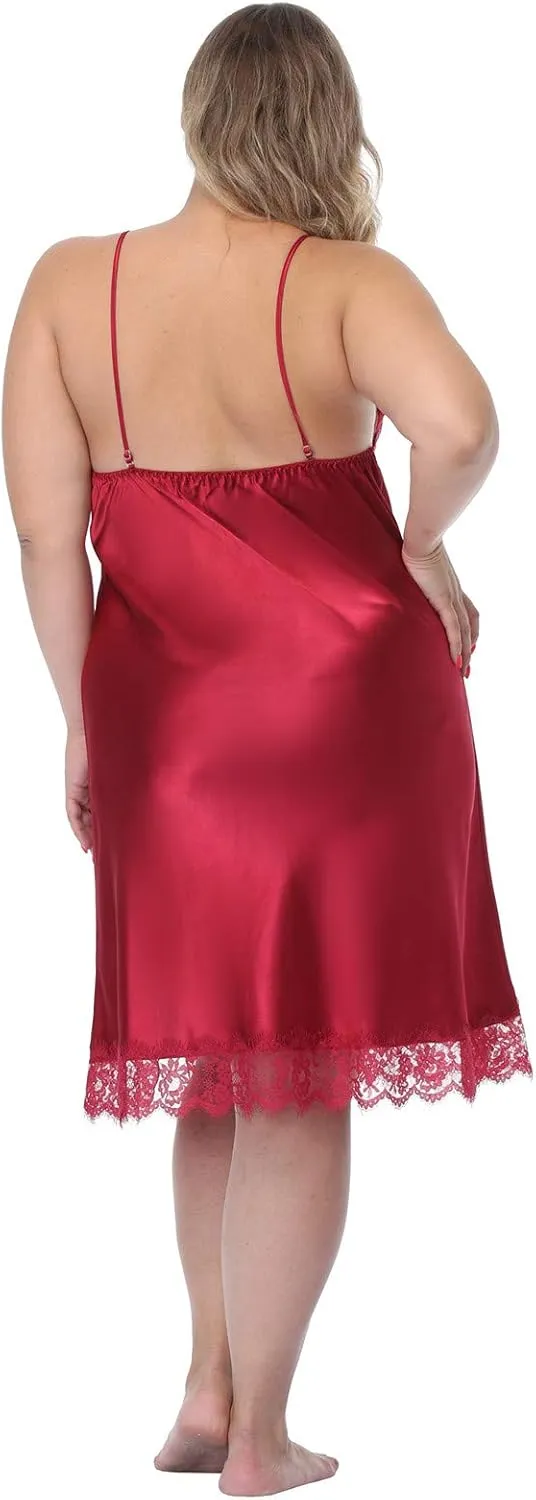 Women's Plus Size Full Slips Lace Chemise Lingeries Sexy Front Slit Negligees Silky Nightgown Sleepwear