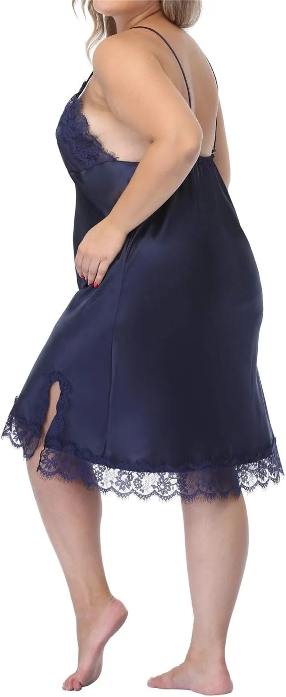 Women's Plus Size Full Slips Lace Chemise Lingeries Sexy Front Slit Negligees Silky Nightgown Sleepwear