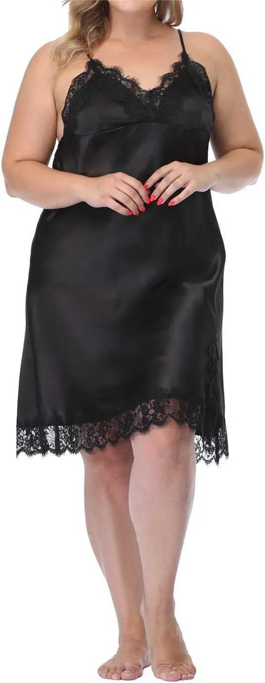 Women's Plus Size Full Slips Lace Chemise Lingeries Sexy Front Slit Negligees Silky Nightgown Sleepwear