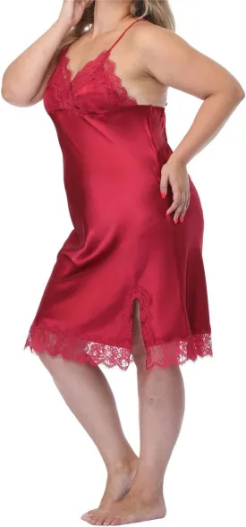 Women's Plus Size Full Slips Lace Chemise Lingeries Sexy Front Slit Negligees Silky Nightgown Sleepwear