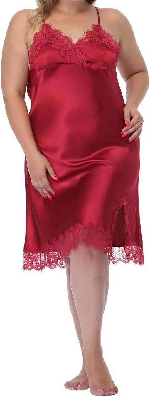 Women's Plus Size Full Slips Lace Chemise Lingeries Sexy Front Slit Negligees Silky Nightgown Sleepwear
