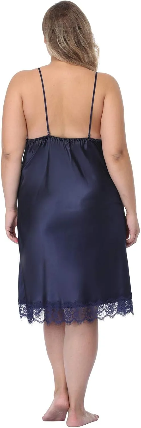Women's Plus Size Full Slips Lace Chemise Lingeries Sexy Front Slit Negligees Silky Nightgown Sleepwear