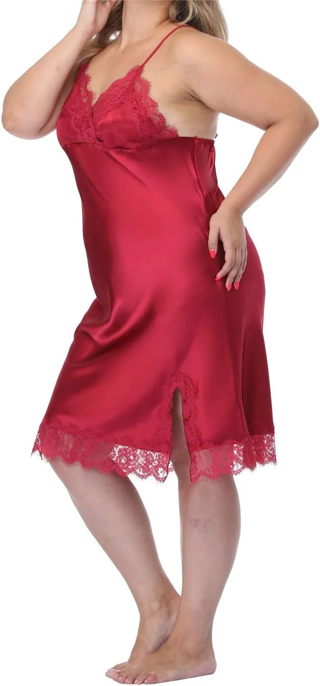 Women's Plus Size Full Slips Lace Chemise Lingeries Sexy Front Slit Negligees Silky Nightgown Sleepwear